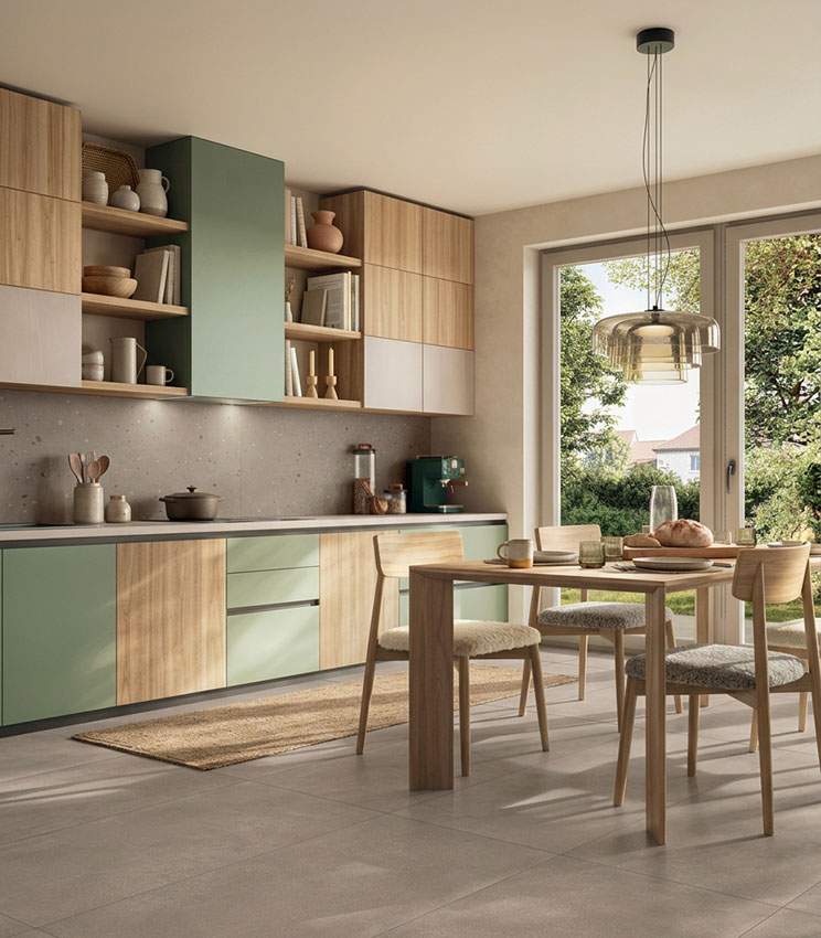 Cucina contemporanea con superfici delle collezioni Formula Form Jute e Seed Jute, arredata con mobili in legno e verde salvia, tavolo e sedie in legno chiaro, lampada a sospensione e grandi finestre affacciate sul giardino.